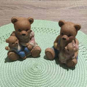 Homco Brown Bear Family Figurines with Pink and Blue Accents